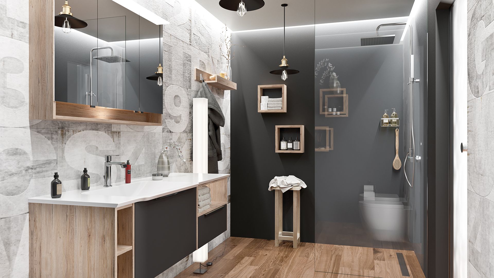 Dunkles Badezimmer mit ebenerdiger Dusche, Waschtisch und Holzelementen